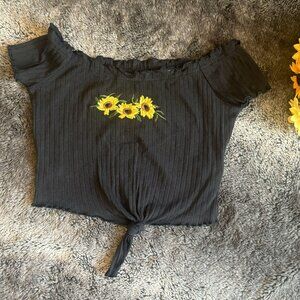 Embroidered Sunflower Rib-Knit Crop Top Small NEW